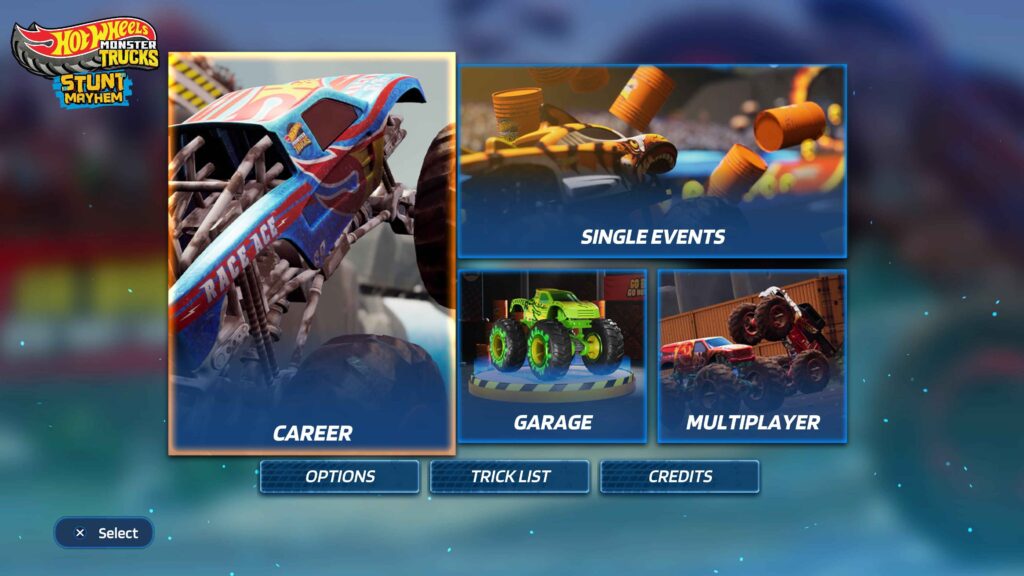 The main menu of the game showing Career, Single Events, Garage, Multiplayer, Options, Trick List, and Credits