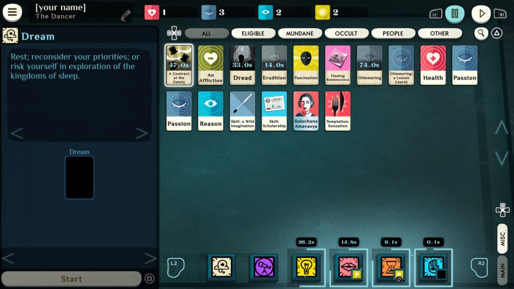 cultist simulator - the dancer - a board is filled with cards, there are different triggers along the bottom, but what will you choose