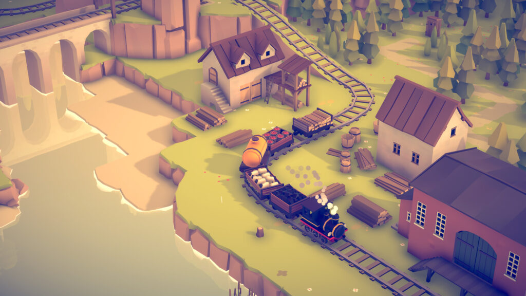  Islands & Trains - a train with five carts goes along a coastline with lots of wood working buildings around it