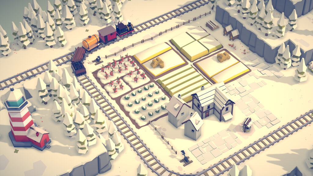  Islands & Trains - the train ploughs through snow along a farm plot