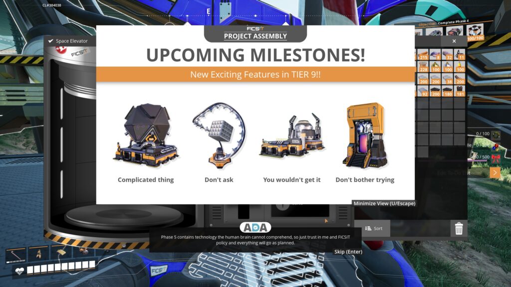 An alert popup showing the upcoming Milestones available at Tier 5 with snide remarks commenting how you wouldn't understand them - Satisfactory 