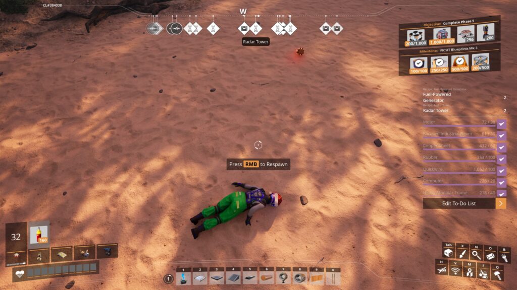 A FICSIT employee lying face down in the sand after dying. "Press RMB to Respawn" is displayed front and centre - Satisfactory 