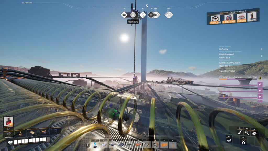 A panoramic shot of a tall watch tower rising from a factory as an engineer flies through a tube  -Satisfactory 