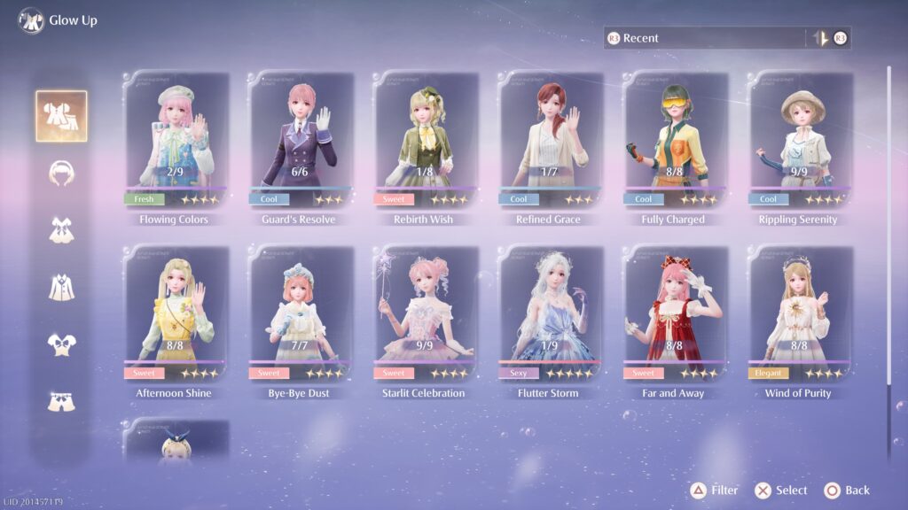 infinity nikki - a collection of outfits in the glow up menu to upgrade