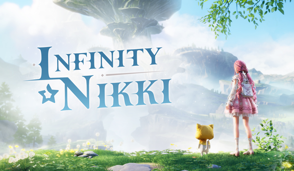 infinity nikki thumbnail with nikki and momo looking into a foggy landscape