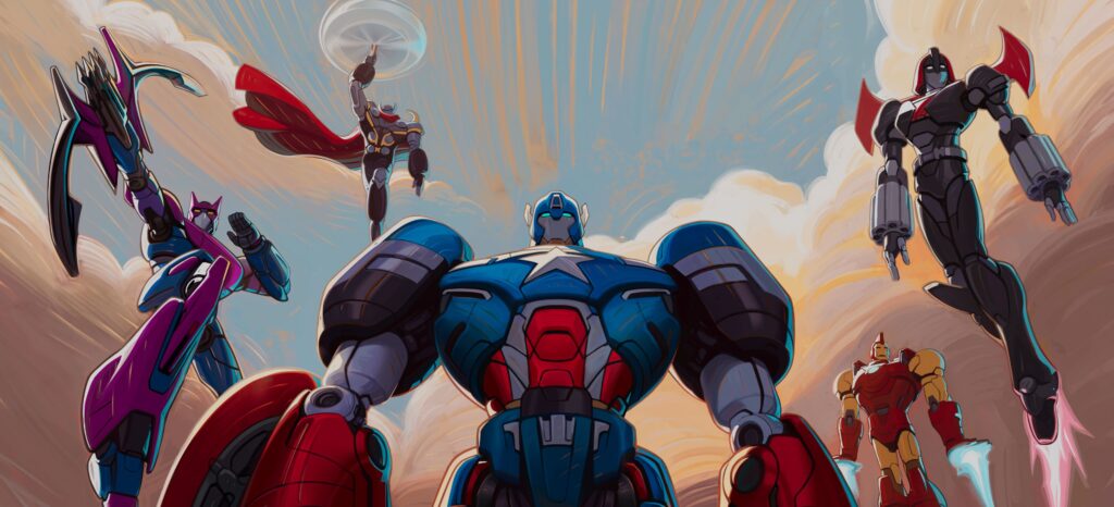 What If...? The Mech Avengers from left to right Hawkeye, Thor, Captain America, Iron Man, Black Widow