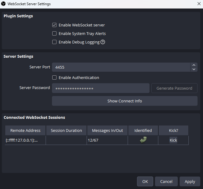 streamer.bot tutorial - websockets menu in obs