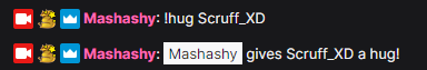 streamer.bot tutorial -  twitch chat showing mash giving scruff a hug