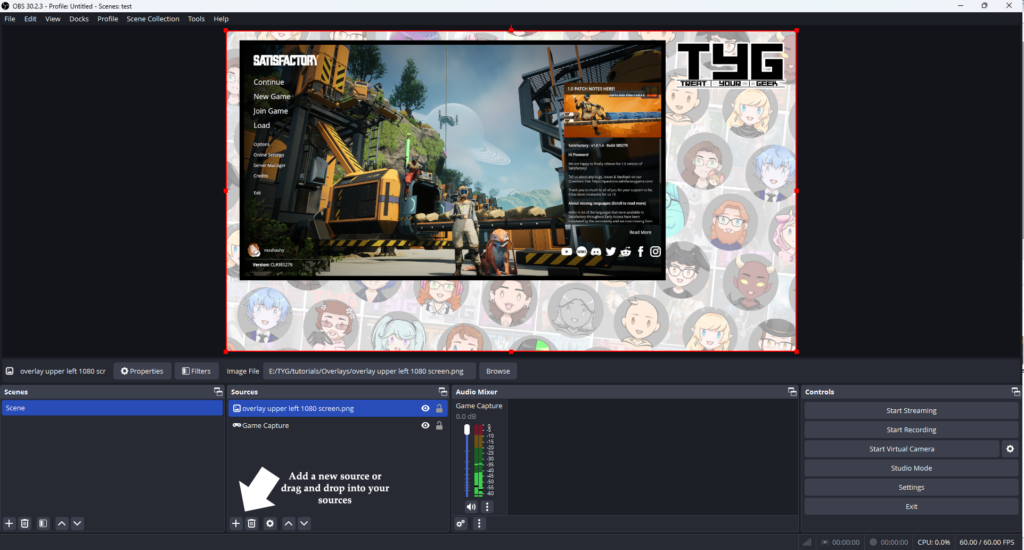 Tutorial Overlays -  an OBS screen with our overlay and Satisactory playing behind it