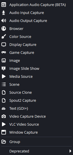 OBS Sources drop down menu with lots of source options