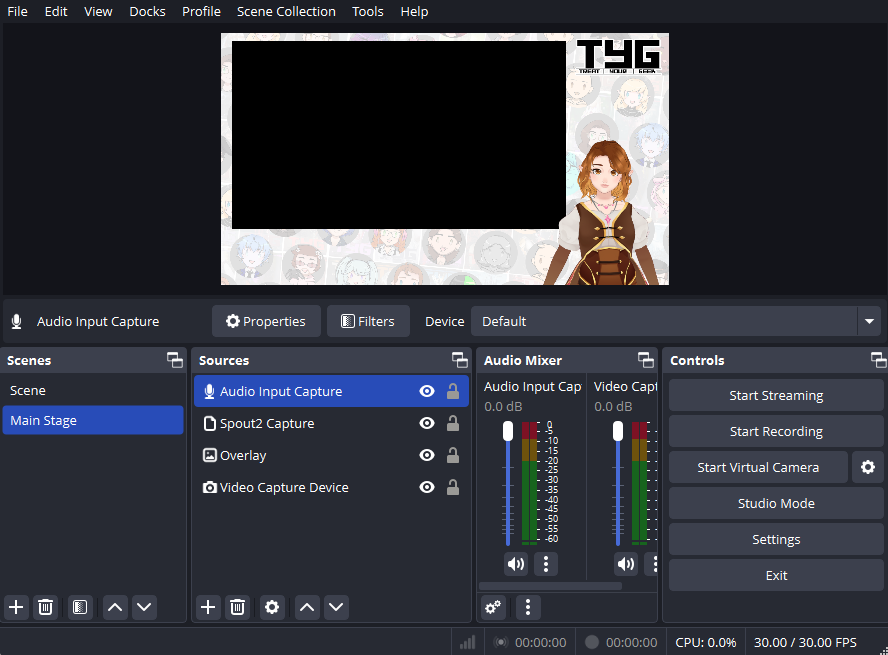 OBS stage set up with four sources on a Main Stage