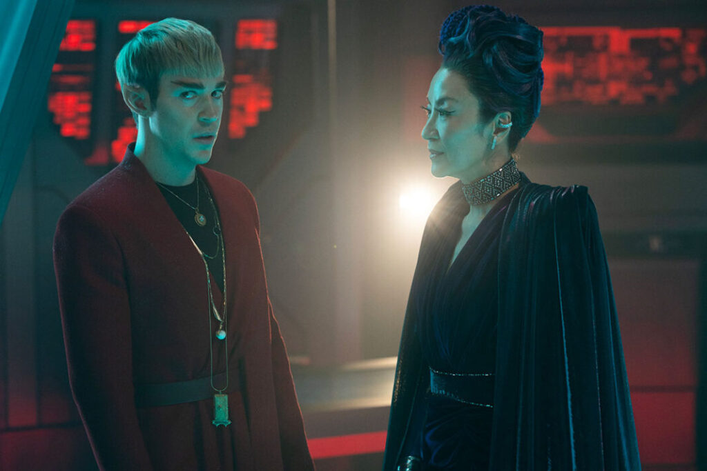 Georgiou and Fuzz (who appears to be an emotional Vulcan with an Irish accent) stand having a discussion - Star Trek: Section 31