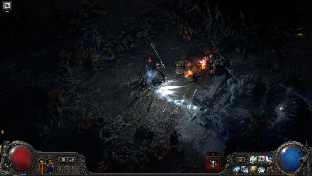 Path of Exile 2 Witch gameplay with health and mana pools at the bottom of screen