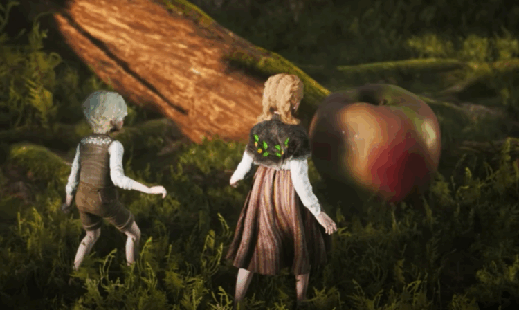 Boy and girl dhruken size, looking at a large green and red apple at the base of a tree - Bramble The Mountain King