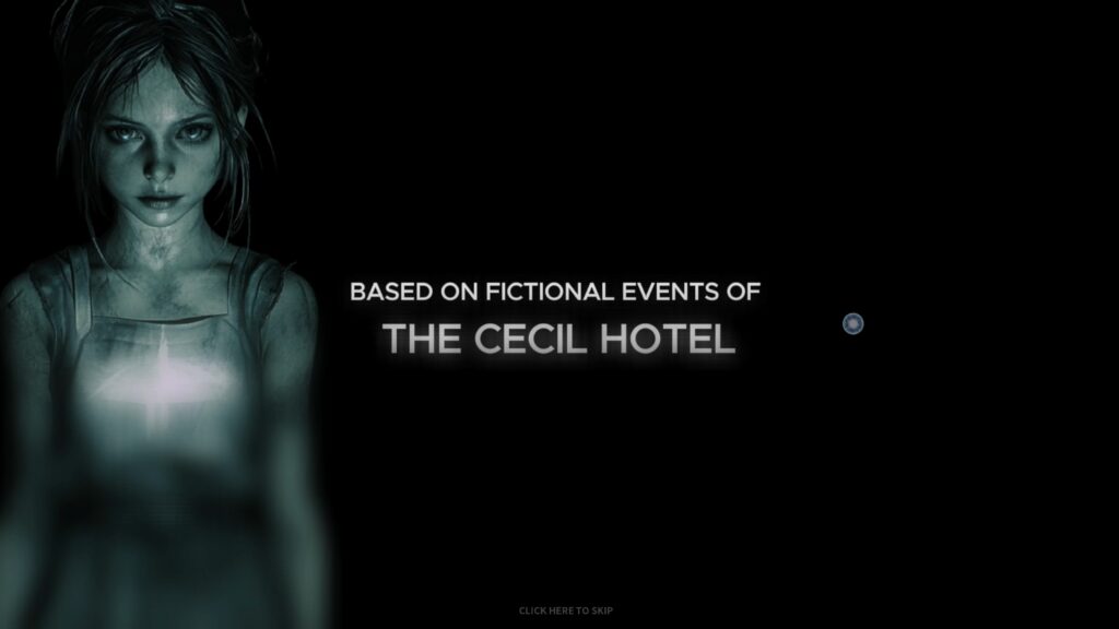 A screenshot of the opening movie with a young woman and text saying "Based on fictional events of The Cecil Hotel". The Cecil: The Journey Begins.