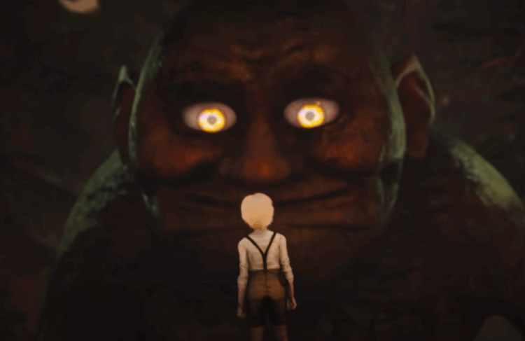 Giant stone troll looking at the screen towards shrunken boy Olle - Bramble The Mountain King