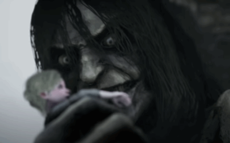 Colour drained Giant troll holding onto Olle.