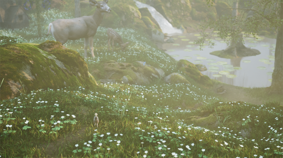 Green field of flowers, lake in the distance, deer to the left side, shrunken boy from behind looking out onto the scenery - Bramble The Mountain King