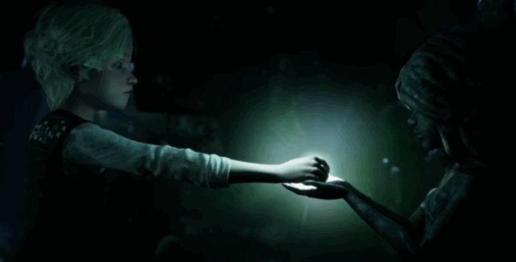 Blonde boy arm outreached ahead to grasp ball of light from stone statue - Bramble The Mountain King