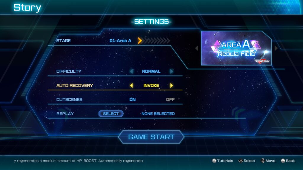 The new game screen showing what stage you're starting on, your difficulty, what auto-recovery level you're using and if cutscenes are on or off. Macross: Shooting Insight.