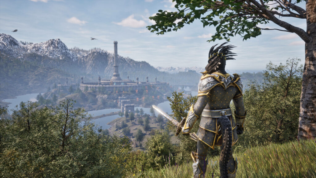 Oblivion - An Armoured Argonian stand on a hill overlooking the Imperial City