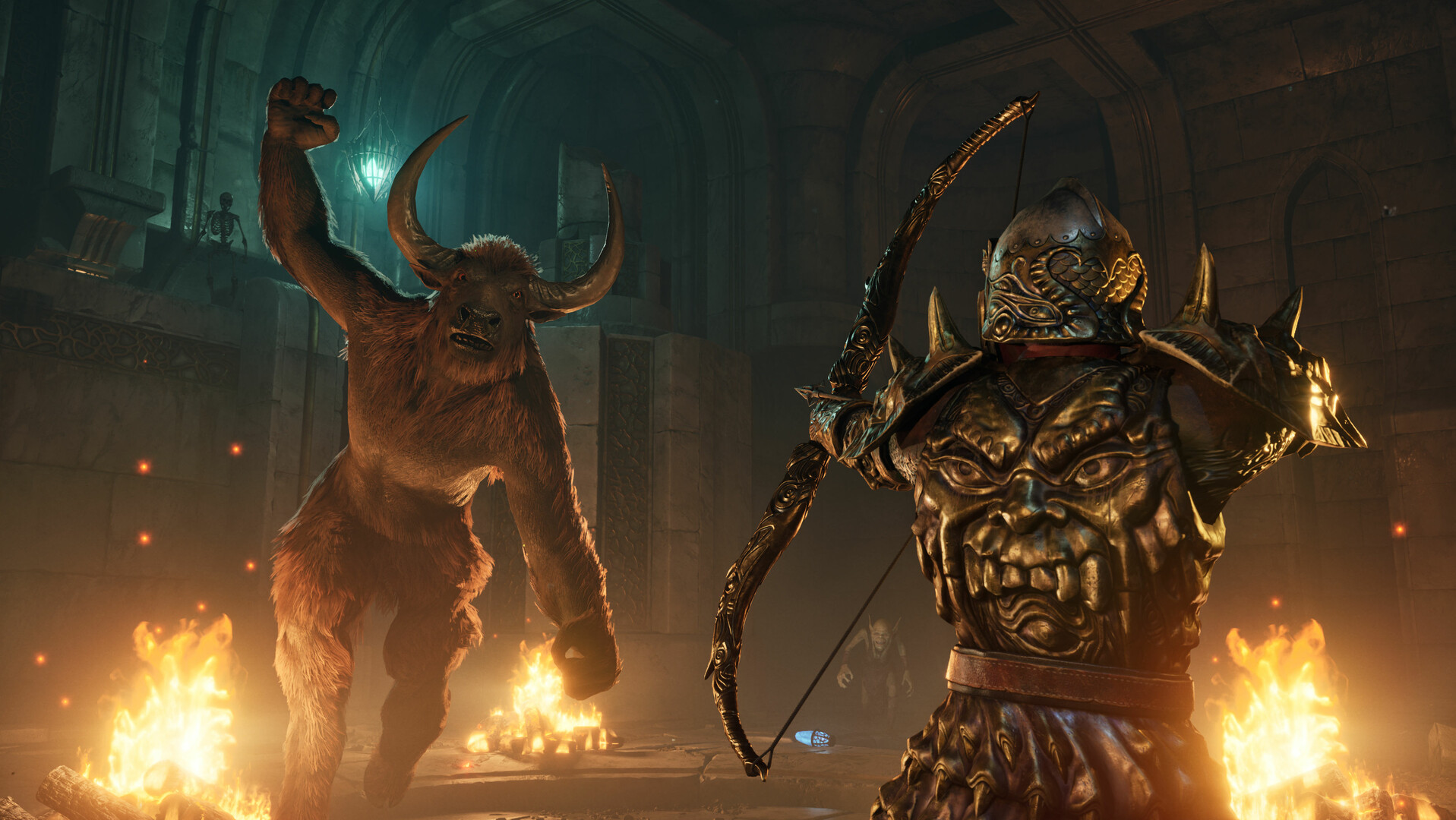 Oblivion - An armoured adventurer shoots a bow and arrow at a minotaur deep underground