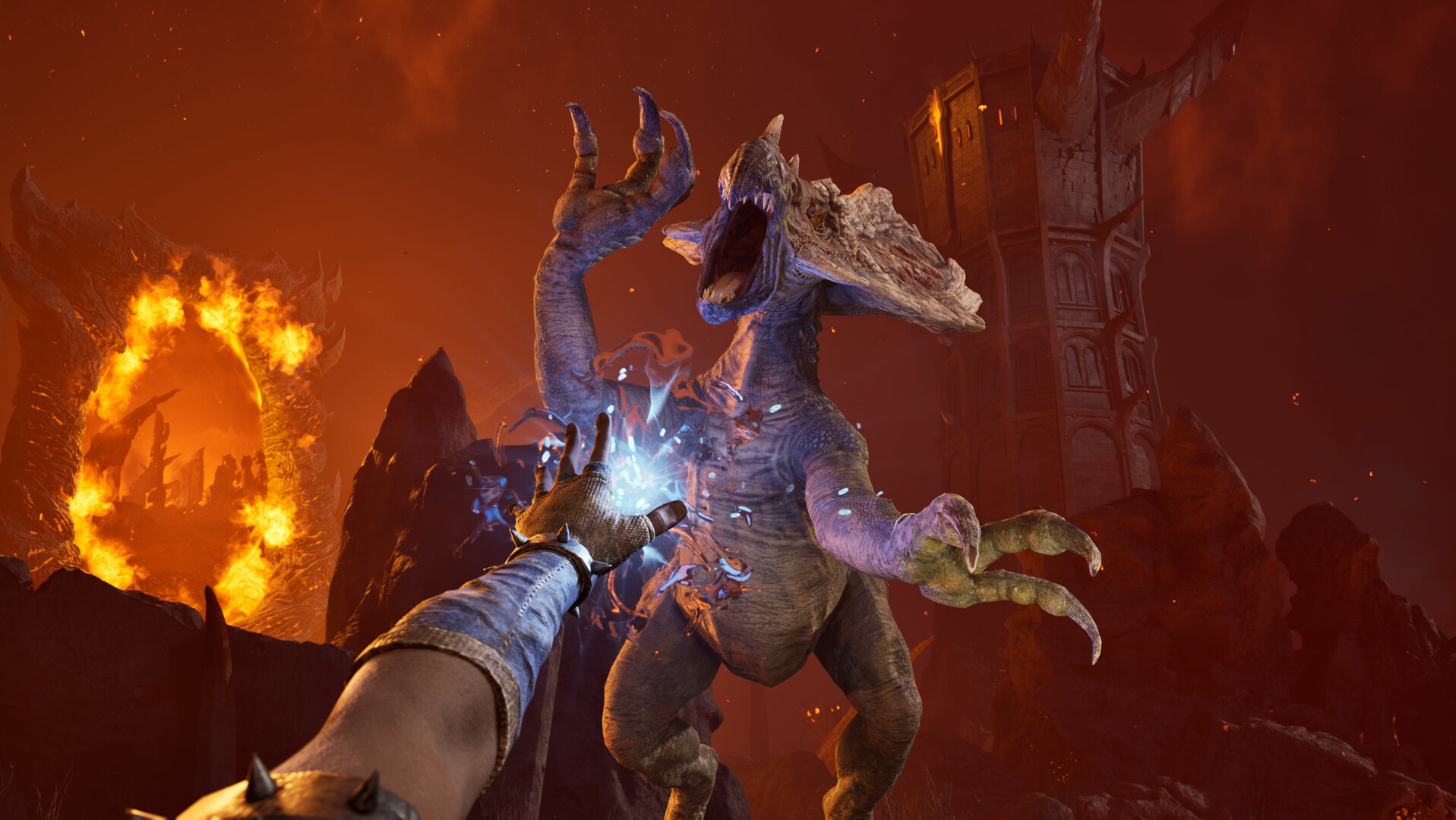 Oblivion shooting a creature in first person with magic in the underworld of Oblivion