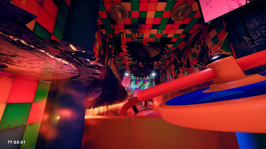 Parkour sequence along a colourful hallway with bloody buzzsaws jutting out the wall and ceiling - Finding Frankie