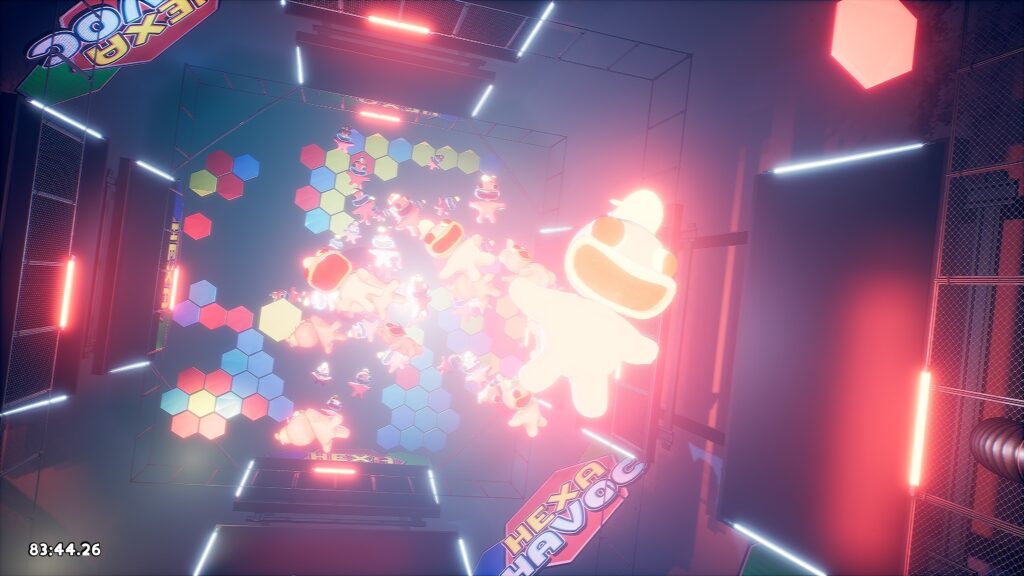 brightly colourful small creatures raining down on the player - Finding Frankie