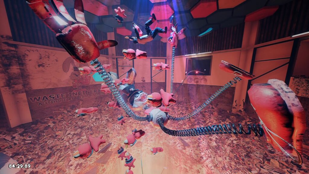 animatronic bunny, player and various other toys falling to a toy story 3 style furnace - Finding Frankie