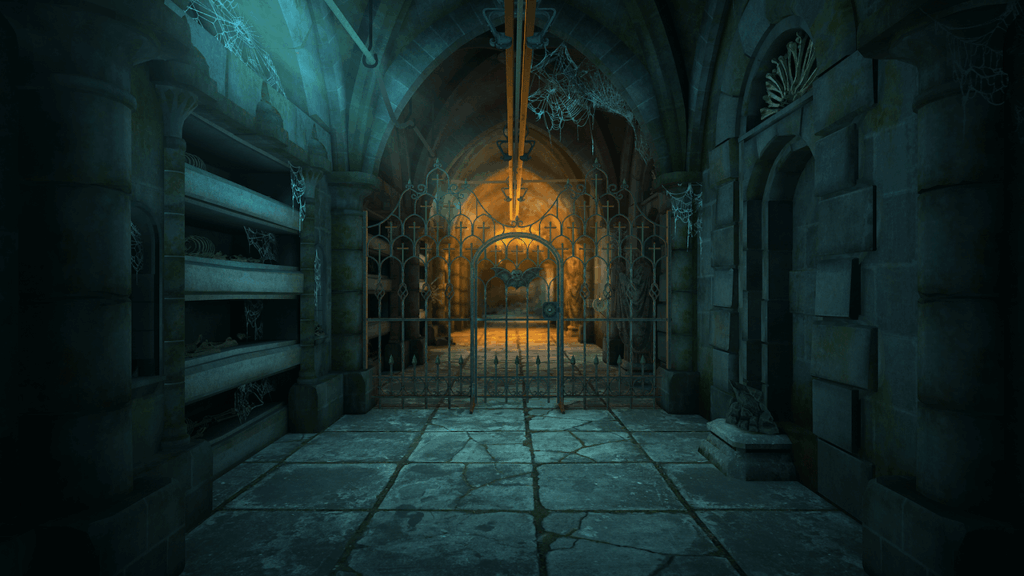The House of Da Vinci 3 - a dark catacomb with a candelabra beyond a gate
