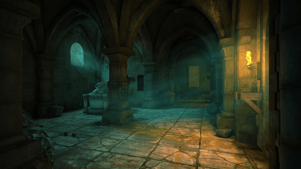 The House of Da Vinci 3 - a dark corner of a catacomb with a torch burning by a locked door