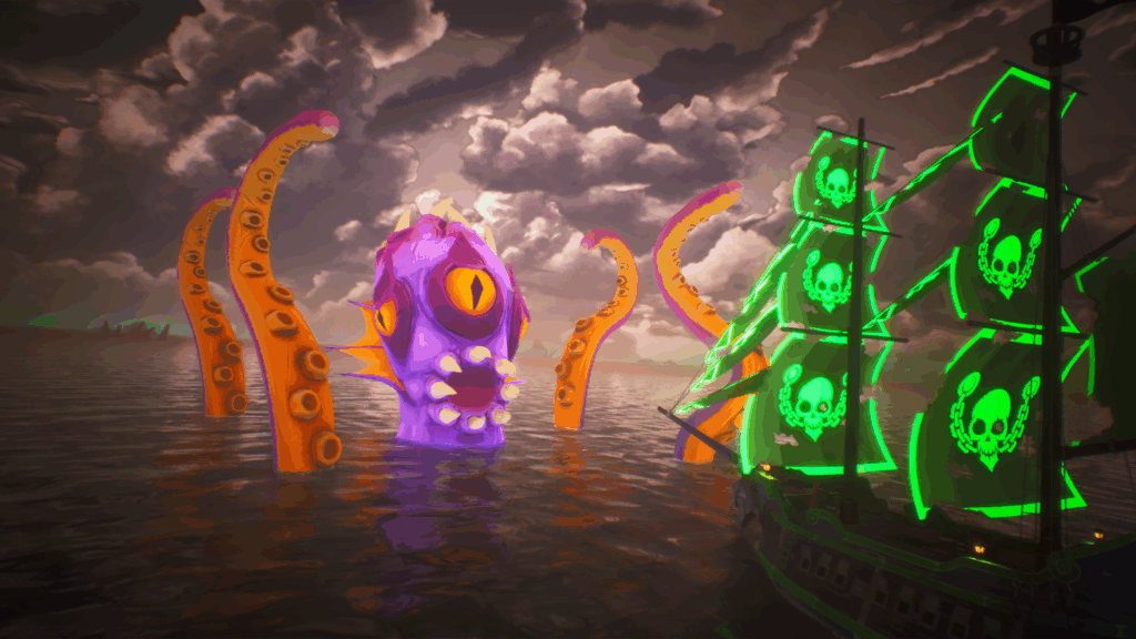 Trident's Tale - the Ship battles a Kraken, one of the many monsters