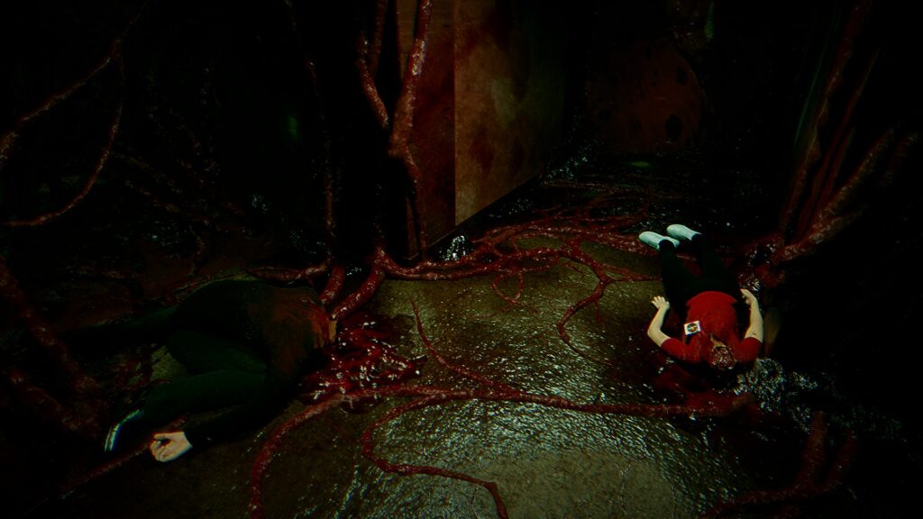 hallway of fleshy vines with two headless corpses - Brokenlore: Don’t Watch
