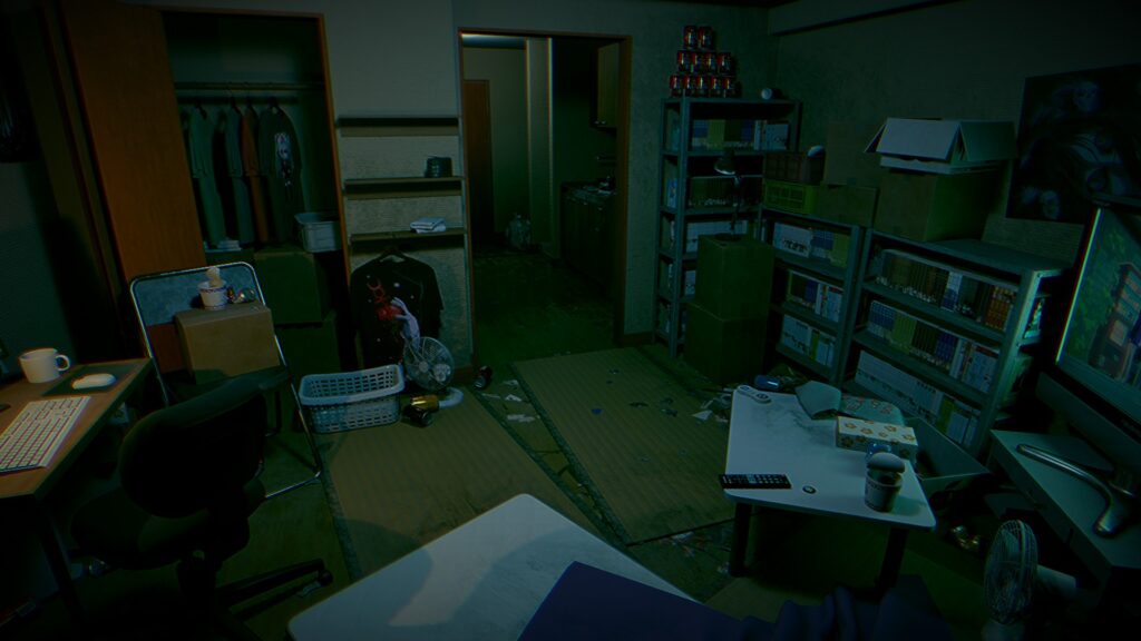 a shot of Shinjis apartment complete with video games, manga and various level of rubbish strewn about - Brokenlore: Don’t Watch