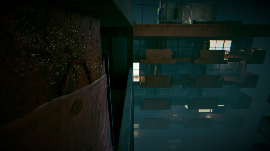 first person angle climbing over the railings of a high rise - Brokenlore: Don’t Watch