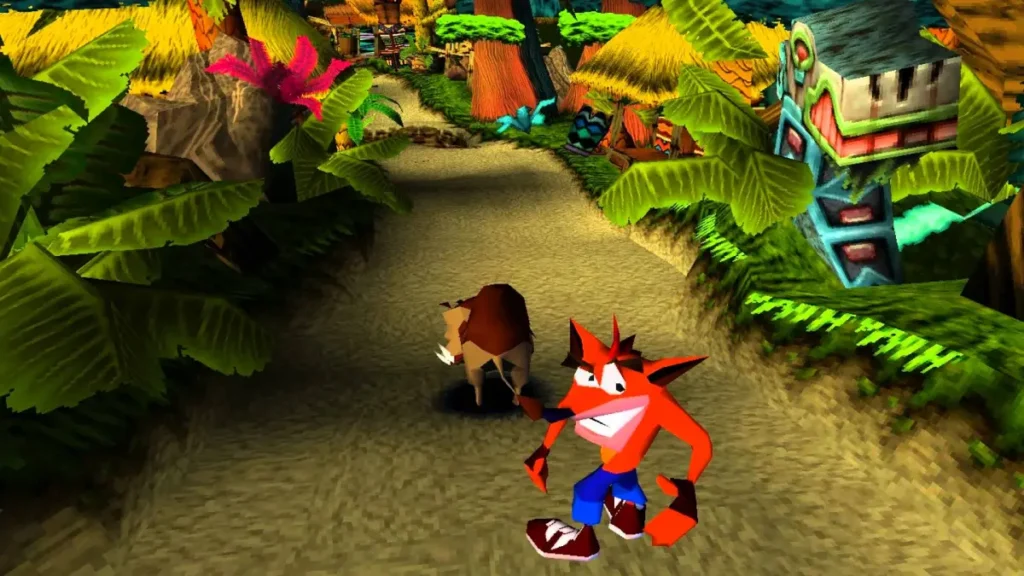 Crash Bandicoot staring at the camera as he prepares to jump on the warthog. This is a level from the first island of Crash Bandicoot.