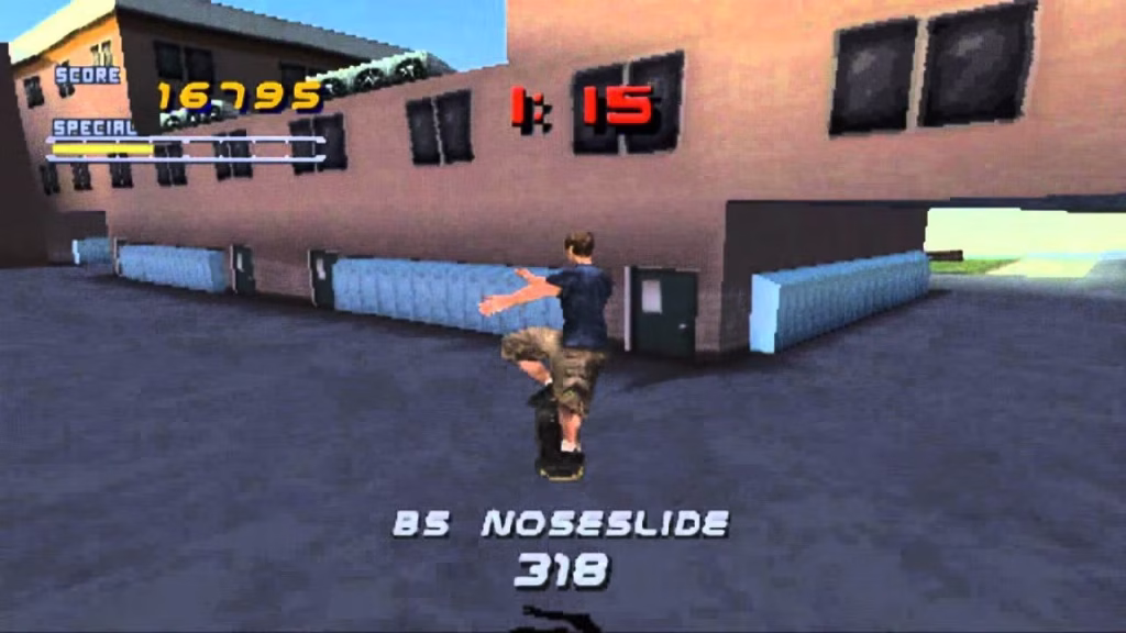 Screenshot from Tony Hawks Pro Skater 1, the schoolyard level. Main character is performing a Nosebleed grind.