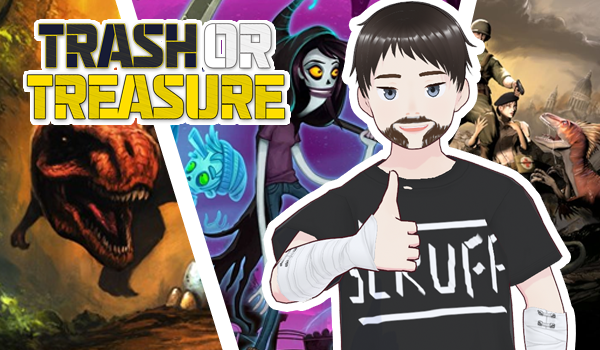 trash or treasure, scruff stands in front of three images with his thumbs up