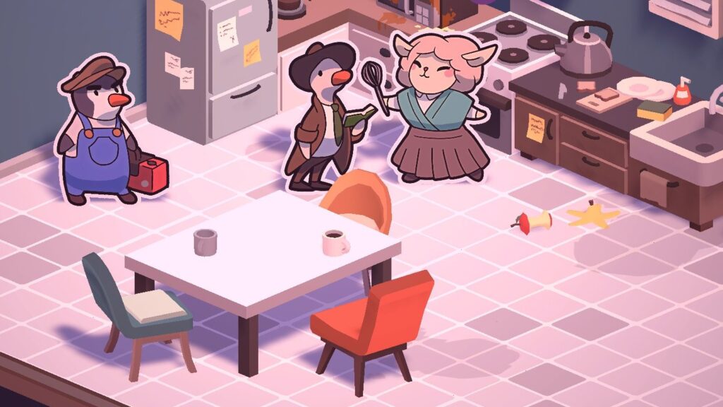 Eugene McQuacklin encountering two more employees, a sheep named Margaret, and a penguin named Rufus in the kitchen at BearBus