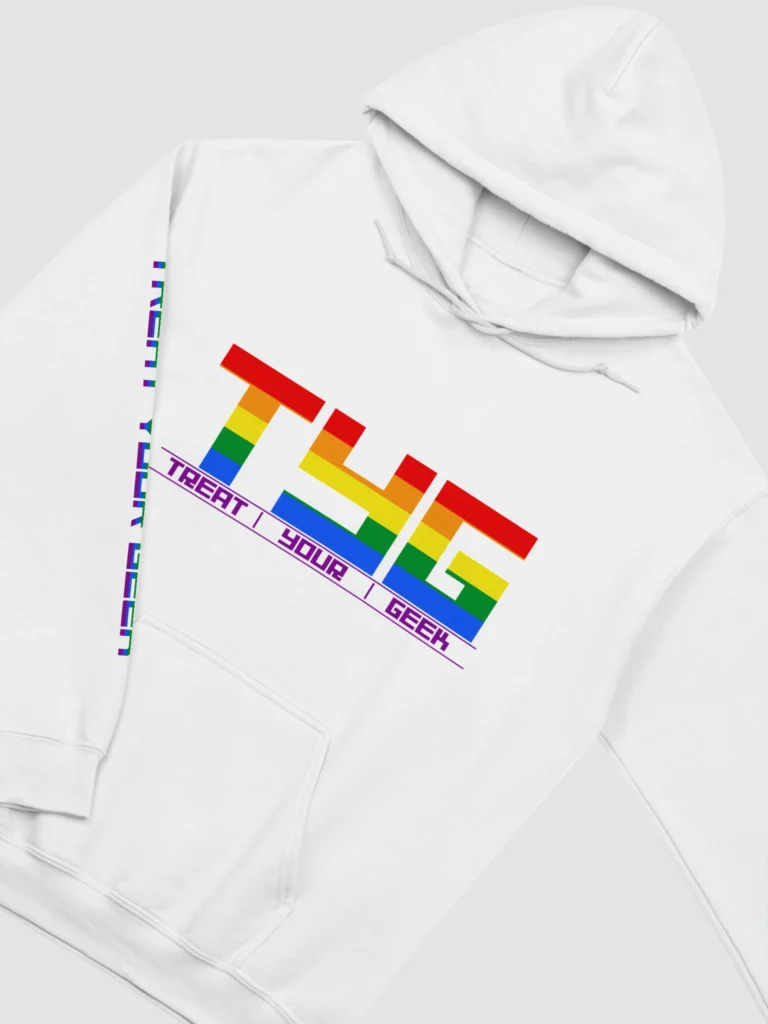 TYG Merch hoodie with the tyg logo in pride colours