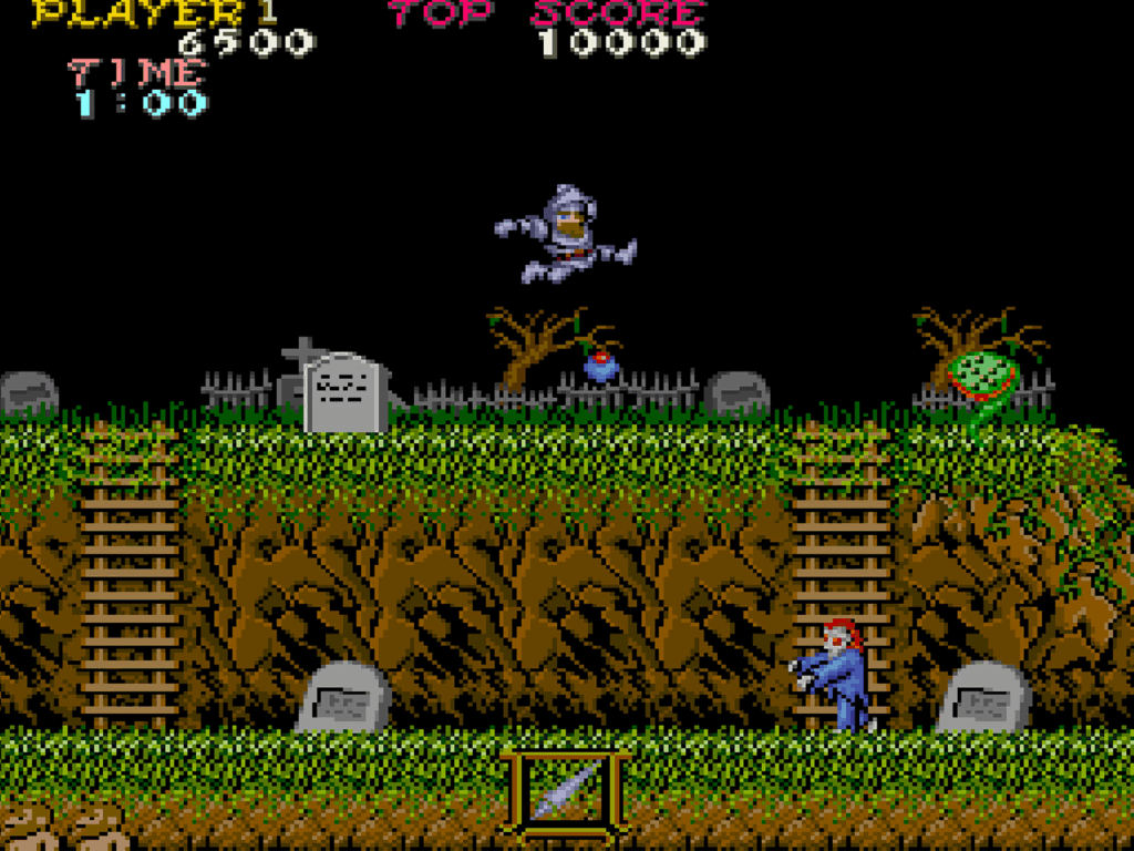 games - Ghosts and Goblins Arthur leaping over a spit projectile from a plat