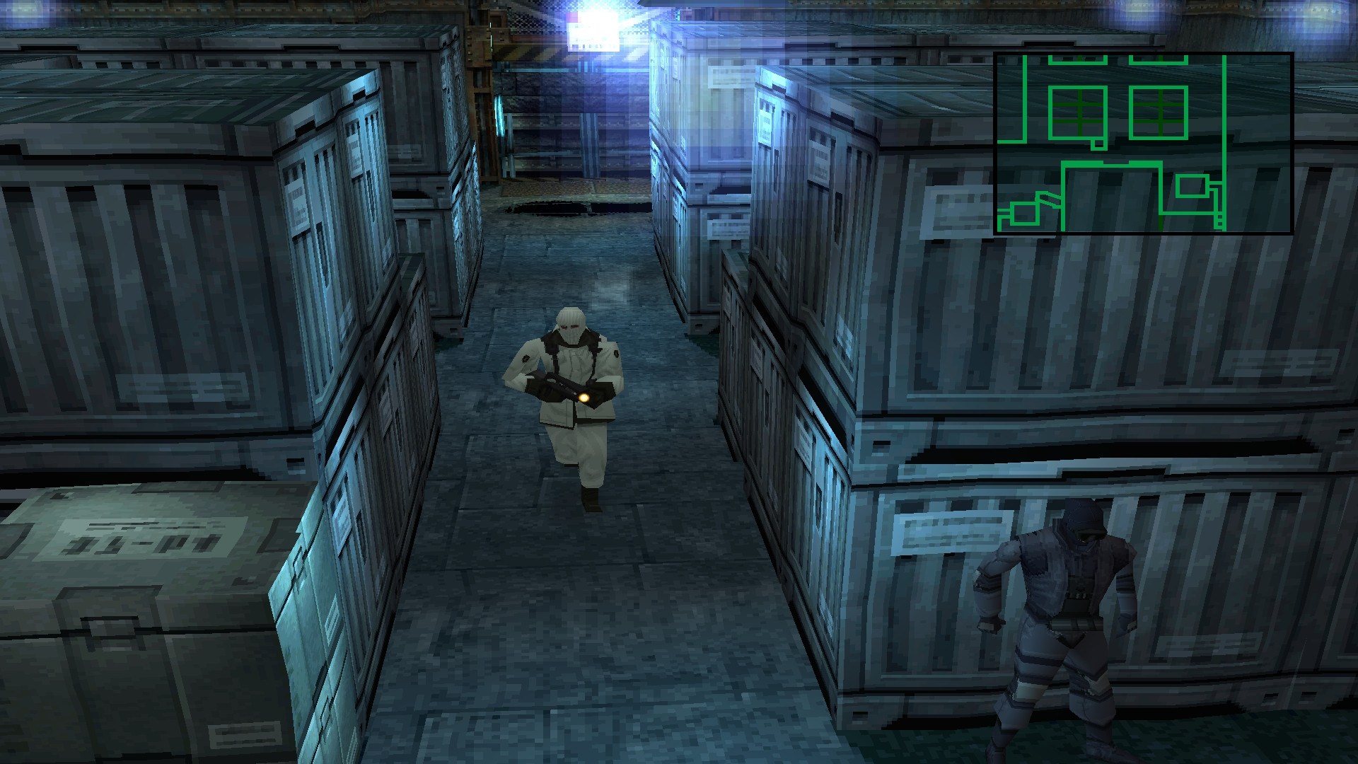 Screen shot from Metal Gear Solid. Snake is hiding behind containers waiting for an unexpecting guard.