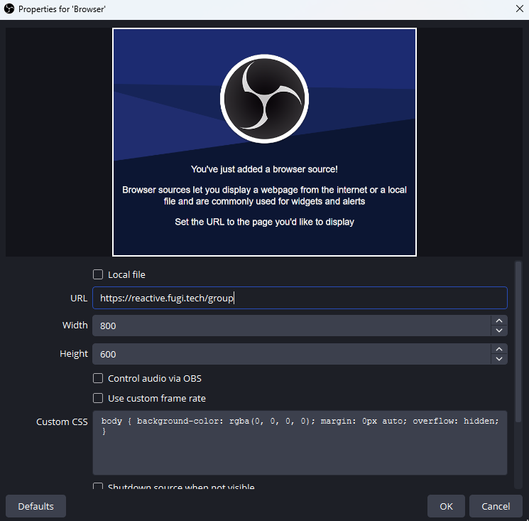OBS browser source set up with fugi in the url