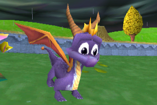 spyro the dragon ps1 screen shot. Spyro looks concerned about something