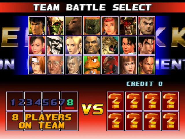 Screenshot of the Tekken Tag character select screen. 21 character thumbnails, with each player selecting 8 for the battle royal mode.