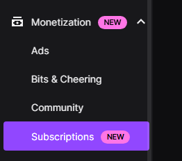 twitch monetization tab highlighting subscriptions