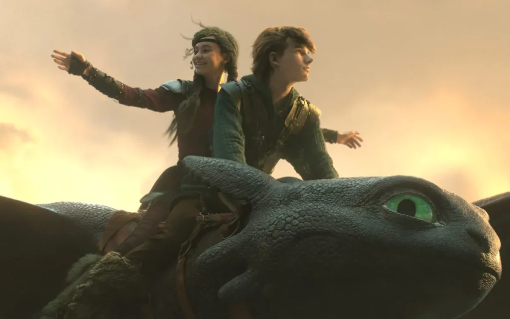 Hiccup and Astrid flying together on Toothless after Astrid finds out about Toothless. - How to Train Your Dragon
