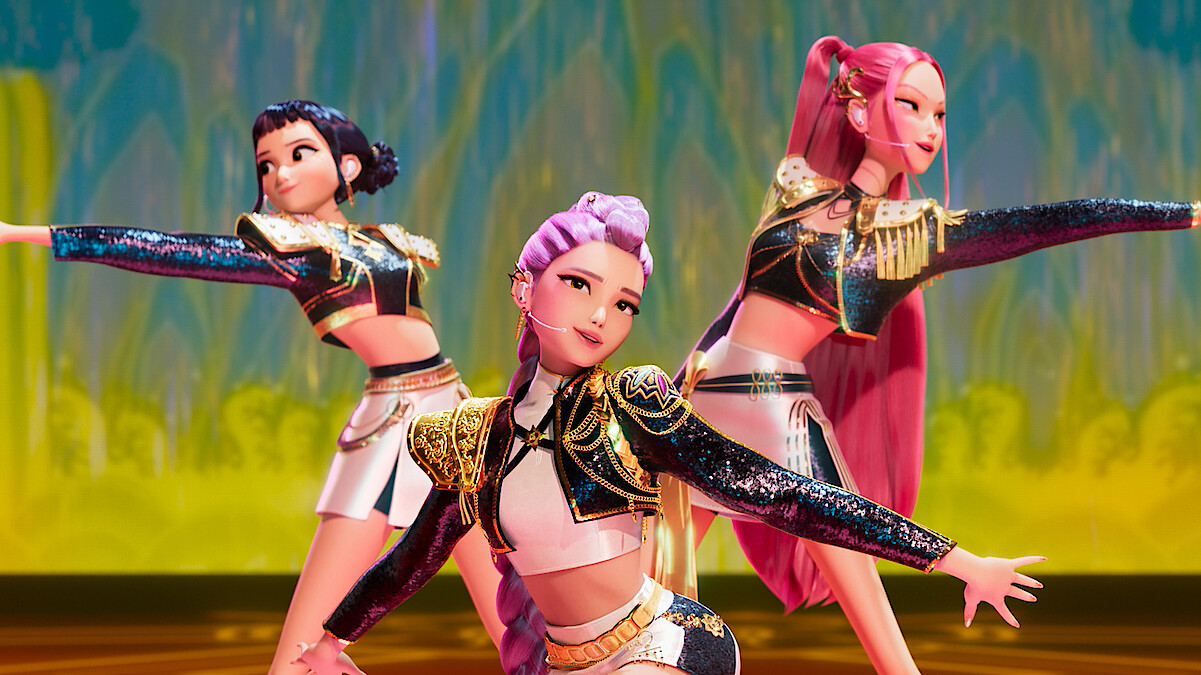 K-Pop Demon Hunters - The girls strike a pose Left to right - Zoey, Rumi, Mira