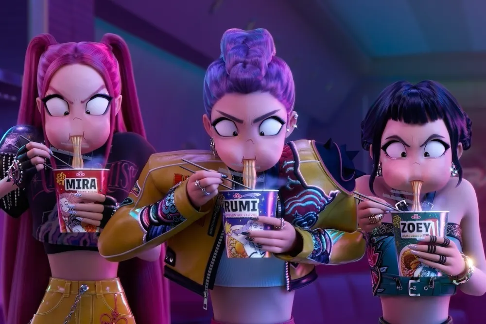 K-Pop Demon Hunters - the girls slurp down noodles Left to right - Mira, Rumi, Zoey